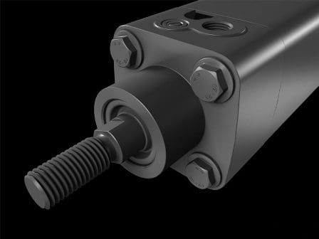 A close-up view of a hydraulic cylinder component featuring a textured threaded rod and hexagonal bolts, set against a solid black background. The cylinder displays precise engineering details and metallic surfaces.