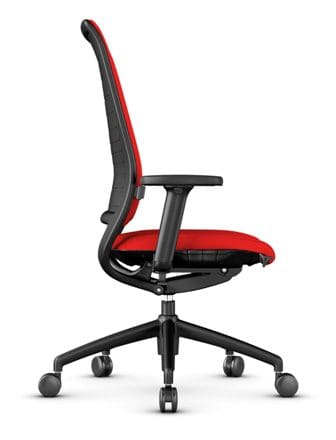 A modern office chair featuring a black frame and ergonomic design, with a bright red fabric seat and backrest. The chair is shown from the side, on a white background, highlighting its sleek lines and adjustable armrests.