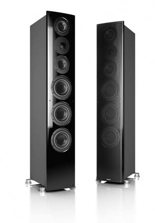 Two tall, glossy black floor-standing speakers with multiple speaker drivers, showcased against a white background. The sleek design features a minimalist aesthetic with chrome feet.