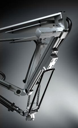 A close-up view of an industrial robotic arm in a sleek, modern design, showcasing its metallic structure and intricate mechanical components against a dark gradient background.