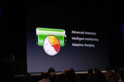 A presentation slide displaying a battery icon with a gauge showing charge levels. Text alongside details features keywords: 'Advanced chemistry,' 'Intelligent monitoring,' and 'Adaptive charging.' Attendees are visible in the foreground.