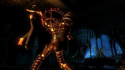 A dramatic scene depicting a character in a dark, eerie environment, wielding a weapon and lifting another character off the ground. The background features faint blue lighting, creating a tense atmosphere.