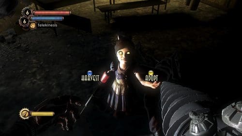 A dimly lit, eerie scene featuring a little girl with glowing eyes, standing in a dark environment. She wears a dark dress and appears to be offering actions labeled 'HARVEST' and 'ADOPT' displayed nearby. A mechanical drill is visible in the foreground.