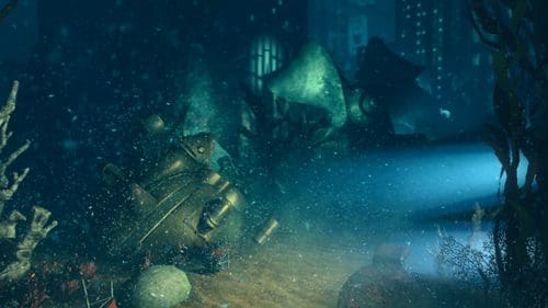 An underwater scene with a soft blue light illuminating a sunken ship surrounded by coral. The remains of a vessel are partially buried in sand, while tall seaweed and other debris create a mysterious atmosphere.