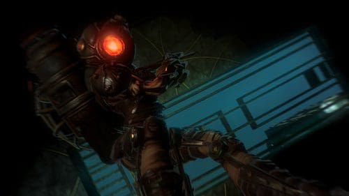 A mechanical figure with an illuminated red eye and a bulky gas mask, holding a weapon, is positioned against a dark background with blue architectural lines visible in the distance.