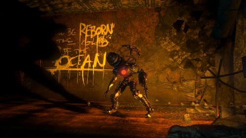 A robotic creature with a distinctive design, featuring a round light on its chest, stands in a dimly lit, dilapidated space. The walls are marked with graffiti that reads "Reborn in the Depths of the Ocean." Shadows cast an eerie atmosphere.