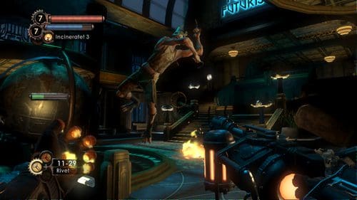 A dynamic scene from a video game showcasing a character in mid-air, performing a dramatic action. The environment features a dimly lit, retro-style interior with ornate details, including a globe and decorative elements, along with a weapon aimed at the character.