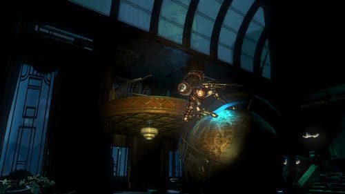 A character in a futuristic suit balances on a large globe in a dimly lit room with high windows and Art Deco design elements. Shadows create a mysterious atmosphere, highlighting the intricate details of the surroundings.
