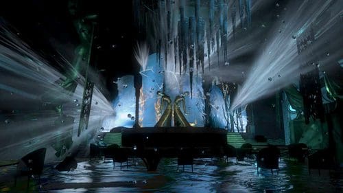 An otherworldly scene depicting a dimly lit space filled with water, featuring glowing blue lights and mist. Sculptures rise from the ground, while beams of light pierce through a darkened environment, creating a mystical atmosphere.