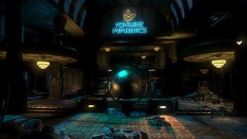 An abandoned interior of a laboratory with dim lighting, featuring a large glowing globe at the center. The walls are adorned with retro-futuristic designs, and debris is scattered across the floor. A neon sign reads 'Fontaine Futuristics'.