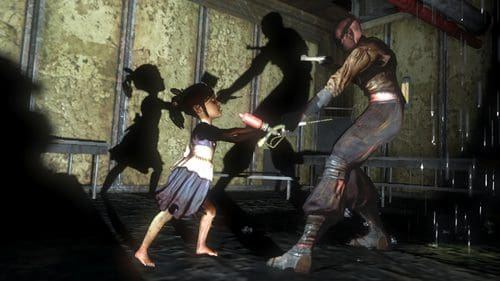 A young girl holds a weapon facing a shadowy figure in a dark, rundown room. Light filters through the space, enhancing the dramatic silhouettes of both characters as they confront each other amidst a gritty backdrop.