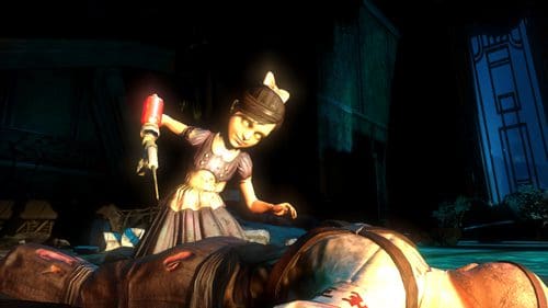 A young girl with a dark dress and a bow in her hair, holding a syringe, leans over a man lying on the ground in a dimly lit room. The atmosphere is eerie, with shadows and soft lighting adding to the dramatic scene.