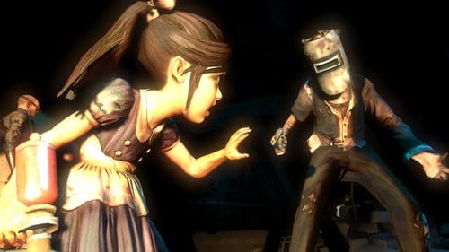 A young girl in a dark blue dress with a wary expression, reaching out with her hand, faces a towering figure with a welding mask and tattered clothing. Dimly lit background adds an eerie atmosphere to the scene.