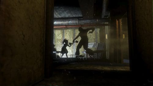 Silhouettes of a child holding a musical instrument and a large figure wielding a weapon, set against a dimly lit, gritty interior with peeling walls and scattered debris.