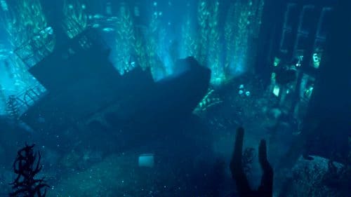 An underwater scene featuring a sunken ship partially obscured by aquatic plants and marine life. Bubbles rise from the seabed, with faint light filtering through the water, revealing remnants of a lost world.