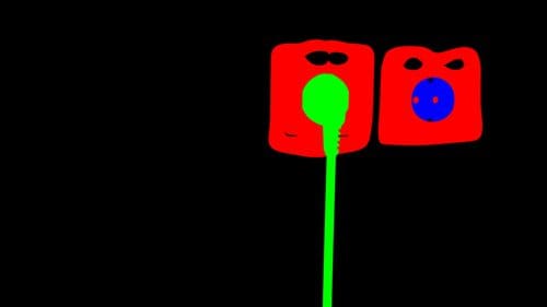 Two stylized red figures with expressive eyes, one with a green circular shape and the other with a blue circle, against a black background.