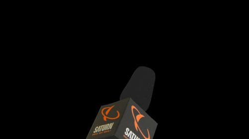 A close-up of a professional microphone with the logo of 'SATURN' prominently displayed, set against a plain black background.