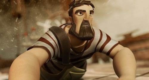 A stylized animated character with a bushy beard and striped shirt looks up with a determined expression, suggesting a moment of effort or struggle in a chaotic environment.