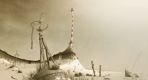 A surreal landscape featuring a twisted communication tower amidst expansive white sand dunes, adorned with abstract sculptures and remnants of a forgotten structure in a misty atmosphere.
