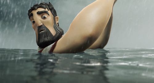 A cartoonish man with a beard struggling to stay afloat in turbulent water, surrounded by rain, conveying a sense of urgency and effort.