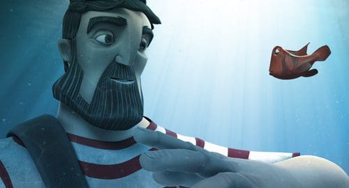 An animated scene featuring a bearded man in a striped shirt reaching out with a hand towards a small, colorful fish swimming in clear, blue underwater light.