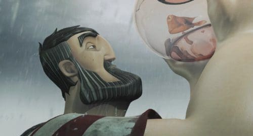 A stylized character with a beard and striped clothing gazes intently at a transparent fishbowl held by another character. The fishbowl contains multiple goldfish, against a backdrop of a rainy, muted landscape.