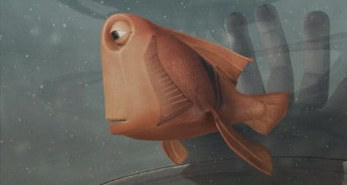 A whimsical animated fish with a distinctively flat face and prominent fins swims in a muted underwater scene. In the background, a large hand is partially visible, creating a sense of interaction with the fish.