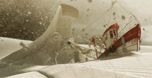 A small red fishing boat battling against towering waves, surrounded by swirling foam and splashes against a muted, sandy backdrop. The scene captures the intensity of the ocean's fury.