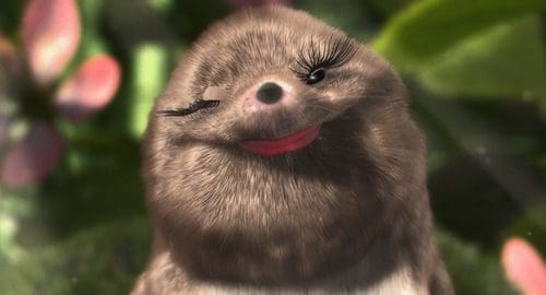 A cartoonish mole with long eyelashes and bright pink lips, smiling playfully, surrounded by lush green foliage and colorful flowers in a whimsical, animated style.