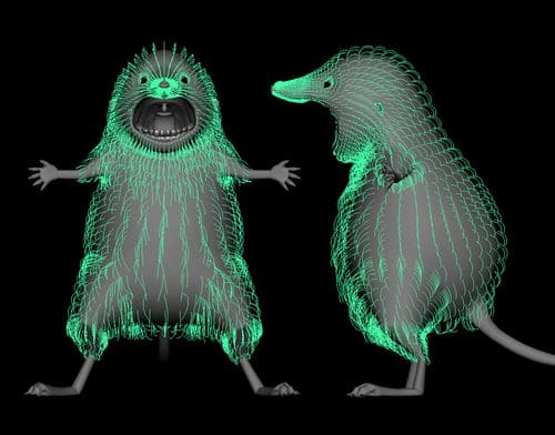 A 3D wireframe model of a fictional creature resembling a mix of a mammal, shown from the front and side views. The model is outlined in a bright green glow against a black background, highlighting its detailed features.
