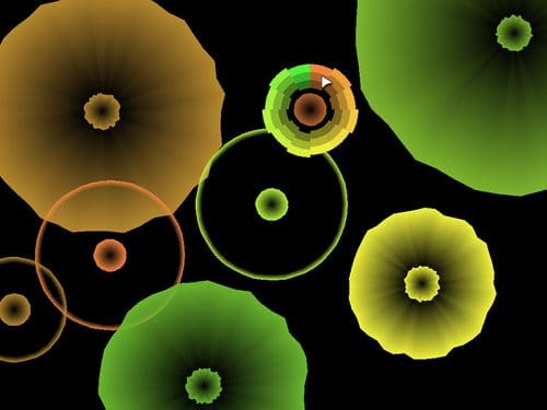 An abstract digital artwork featuring various colorful circles resembling flowers in shades of green, yellow, and orange, set against a black background. The design includes a circular gauge in the center with a gradient color display.