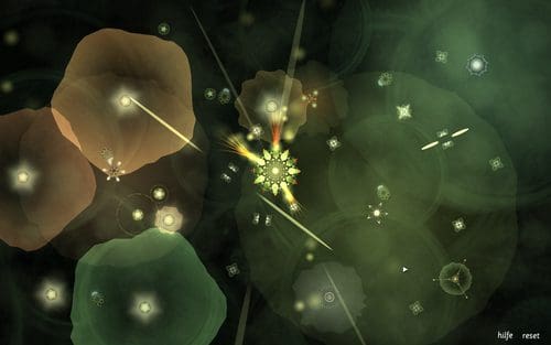 An abstract digital artwork featuring colorful circular shapes in shades of green, orange, and brown, intertwined with glowing particles and star-like formations, creating a kaleidoscopic effect.