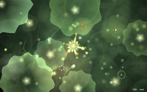A vibrant, abstract digital artwork featuring glowing green shapes resembling cellular structures. Bright luminescent points of light radiate from a central star-like formation, creating a sense of depth and motion.