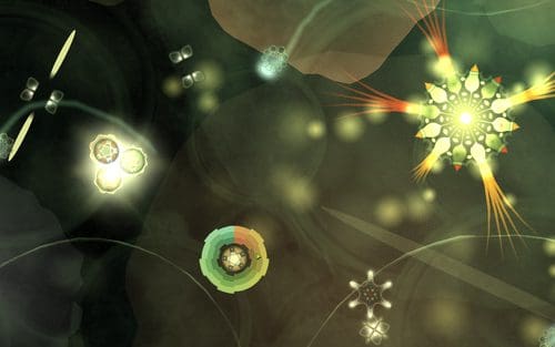 An abstract digital artwork featuring various glowing shapes and intricate patterns, resembling organic forms. The composition includes circular elements in vibrant colors, illuminated against a dark background, creating a dynamic visual experience.