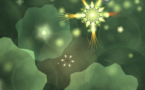 An abstract digital artwork featuring a green, textured background with various luminous shapes. Circular and star-like forms emit glowing light, creating a dynamic, ethereal atmosphere.