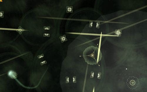 An abstract digital scene featuring circular shapes and glowing elements against a dark green background. Light rays and geometric patterns create a sense of depth and movement, enhancing the ethereal atmosphere.