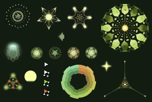 A creative arrangement of abstract, geometric shapes in various sizes and colors, featuring elements like stars, circles, and patterns, all displayed on a dark green background, highlighting intricate designs and luminous details.