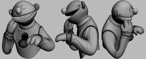 Three-dimensional wireframe models of a cartoon character, displaying different angles: front view with a smiling expression, side view with a thoughtful pose, and back view, all set against a neutral gray background.