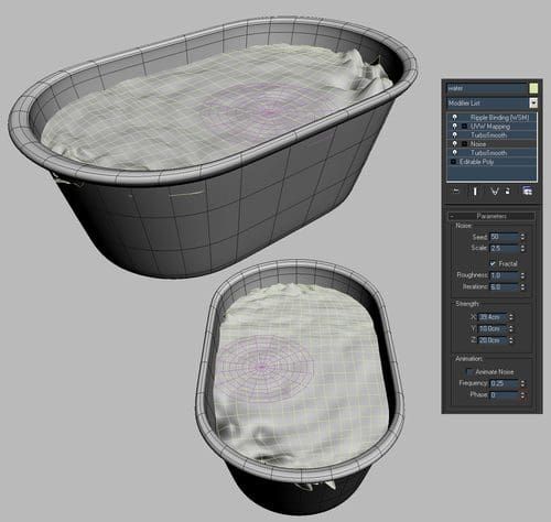 3D model rendering of an oval object with a cloth covering the top, displayed in a gray and black color scheme. A software interface on the right shows various modeling parameters, such as noise settings and mesh options.