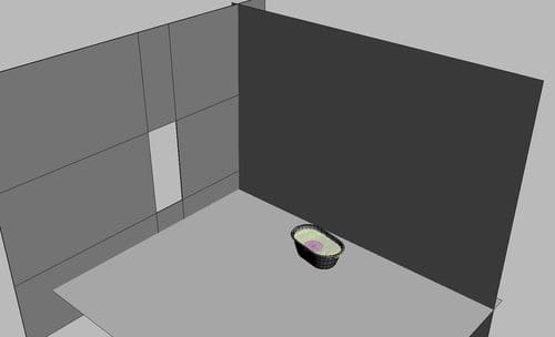 A 3D model of a minimalistic room featuring a table and a dark gray wall. In the center, there is a small bowl containing a light-colored substance, placed on the table, surrounded by simple geometric shapes.