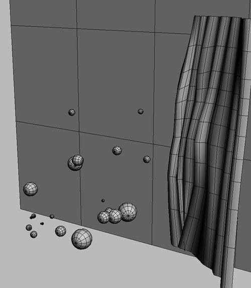 A computer-generated 3D model showcasing a textured wall with spherical shapes arranged near its base and a section of the wall appearing to be draped or warped.