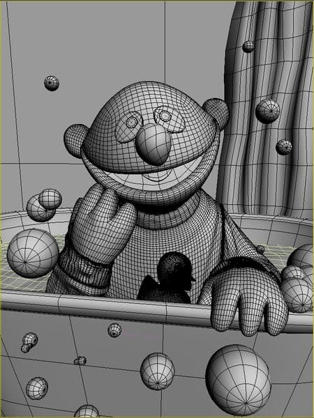 A 3D wireframe model of a cartoon character, resembling a smiling figure with round features, sitting in a tub with a rubber duck and floating spheres around. The wireframe outlines emphasize the structure and details of the design.