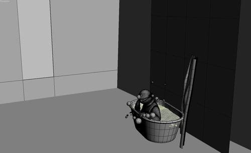 A stylized 3D rendering of a character resembling a cartoonish penguin sitting in a basket tub in a minimalistic room, with gray walls and a fishing pole leaning by the side.