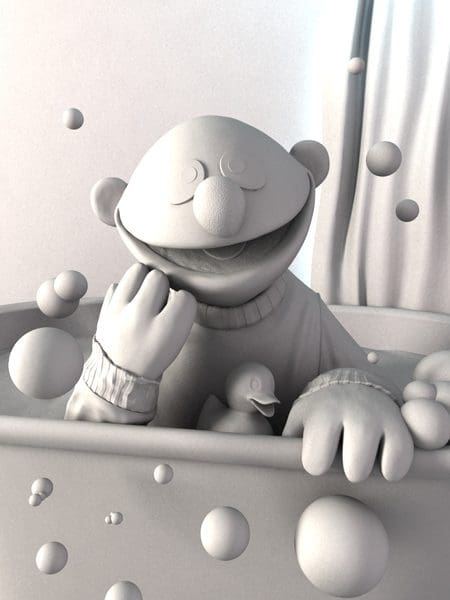 A cartoon character with a wide smile, sitting in a bubble-filled bathtub. The character has round features and is raising one hand playfully. A small rubber duck floats beside him. The scene is in grayscale, creating a playful and whimsical atmosphere.