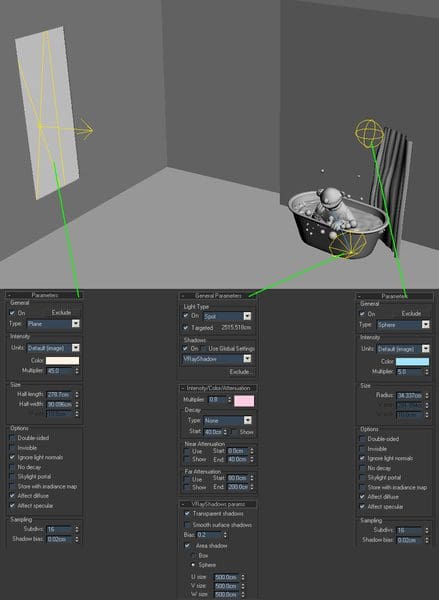 A digital 3D modeling interface displaying a room with a window, a wall, and a round object resembling a bowl in the corner. Green lines indicate light sources and settings. Various tools and properties for lighting and rendering are visible in the lower section.