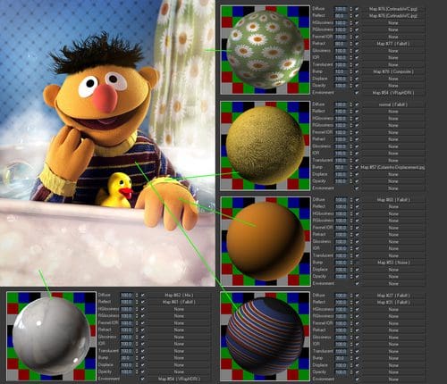 A cheerful character with orange skin and a tuft of black hair is sitting in a bubble-filled bathtub, holding a yellow rubber duck. Beside the character, various texture spheres are shown, highlighting different materials like fabric and ceramic.