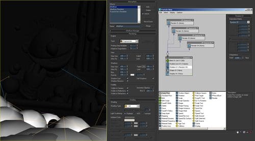 An artistic software interface showcasing a 3D modeling workspace. On the left, a character with a smiling face is partially visible in a stylized rendering, while the right side displays a detailed node graph and various settings for customization.
