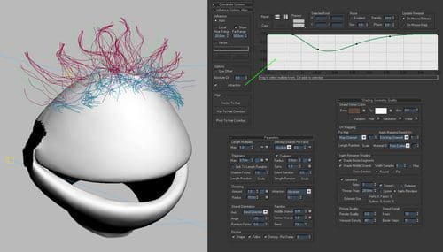A 3D modeling interface displays a character with stylized hair made of colorful strands. On the right, various tool options and parameters are visible, including curves and settings for rendering and hair dynamics.
