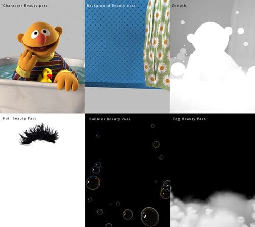 A collage of five sections showcasing different beauty passes in animation. The top left features a character resembling a puppet with a rubber duck. The other sections display backgrounds and effects like hair strands, bubbles, and fog.