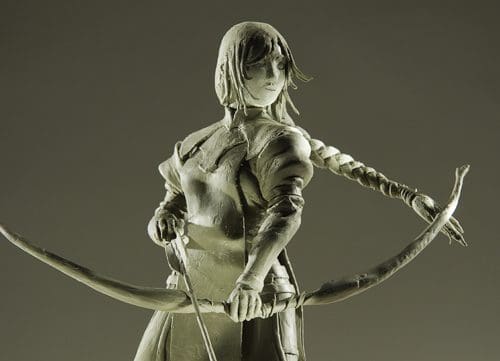 A detailed sculpture of a female archer holding a bow, with a focused expression. Her hair is styled in a braid, and she wears a fitted outfit that accentuates her stature. The lighting highlights the textures of the sculpture, creating depth.